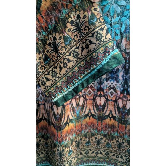Dolma Silk Hand Embroidered Henley Tunic Teal Turquoise Green Floral Medium O - Picture 8 of 10